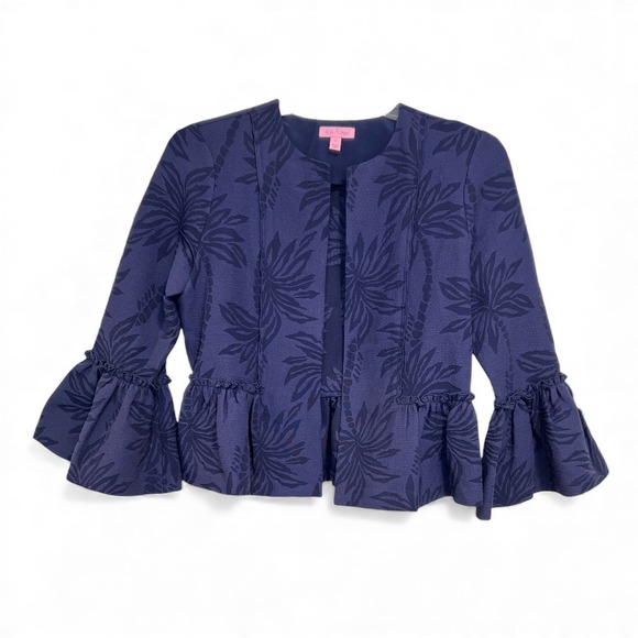 Lilly Pulitzer | Shaylee Palm Tree Jacquard Navy Jacket Flare Sleeves Size Small - Picture 2 of 7